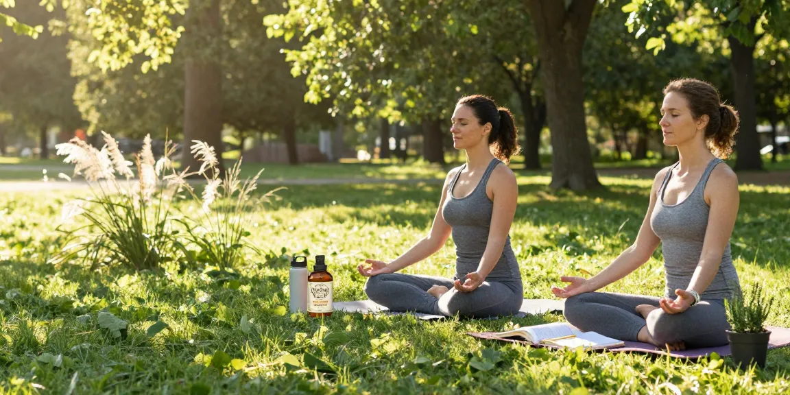 Natural wellness moment with Muha Med CBD oil beside yoga mat in serene park setting, promoting relaxation and mindfulness