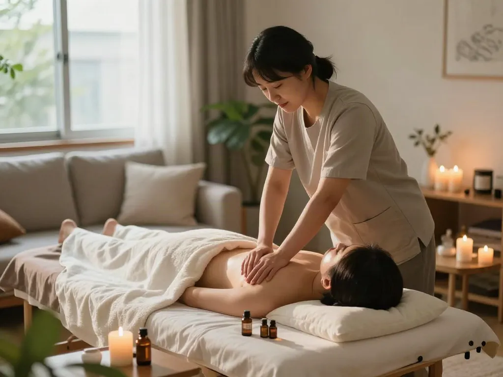 Calming 도봉구출장마사지 scene with therapist providing relaxation therapy in a tranquil home setting.